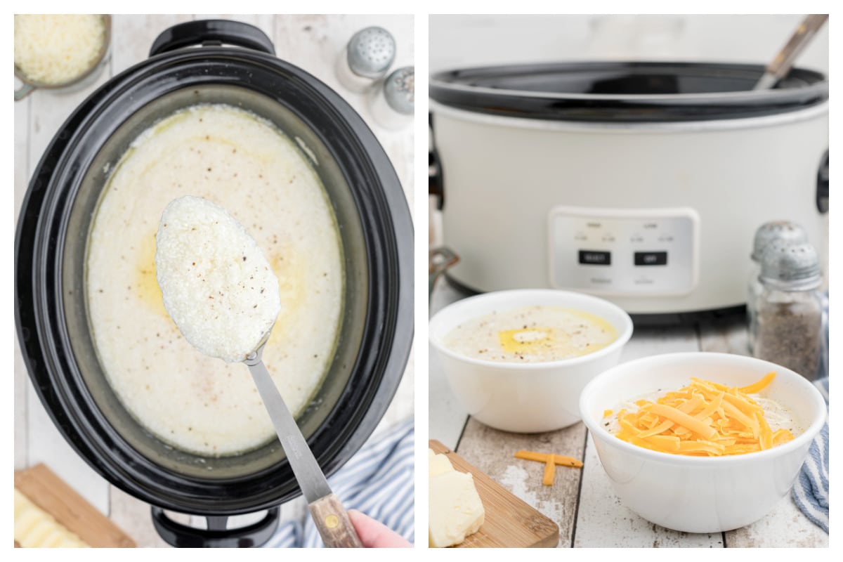 2 images of crockpot grits