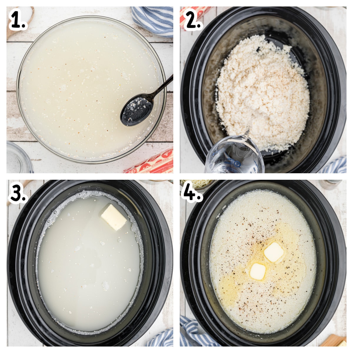 4 image collage on how to add grits to the slow cooker.