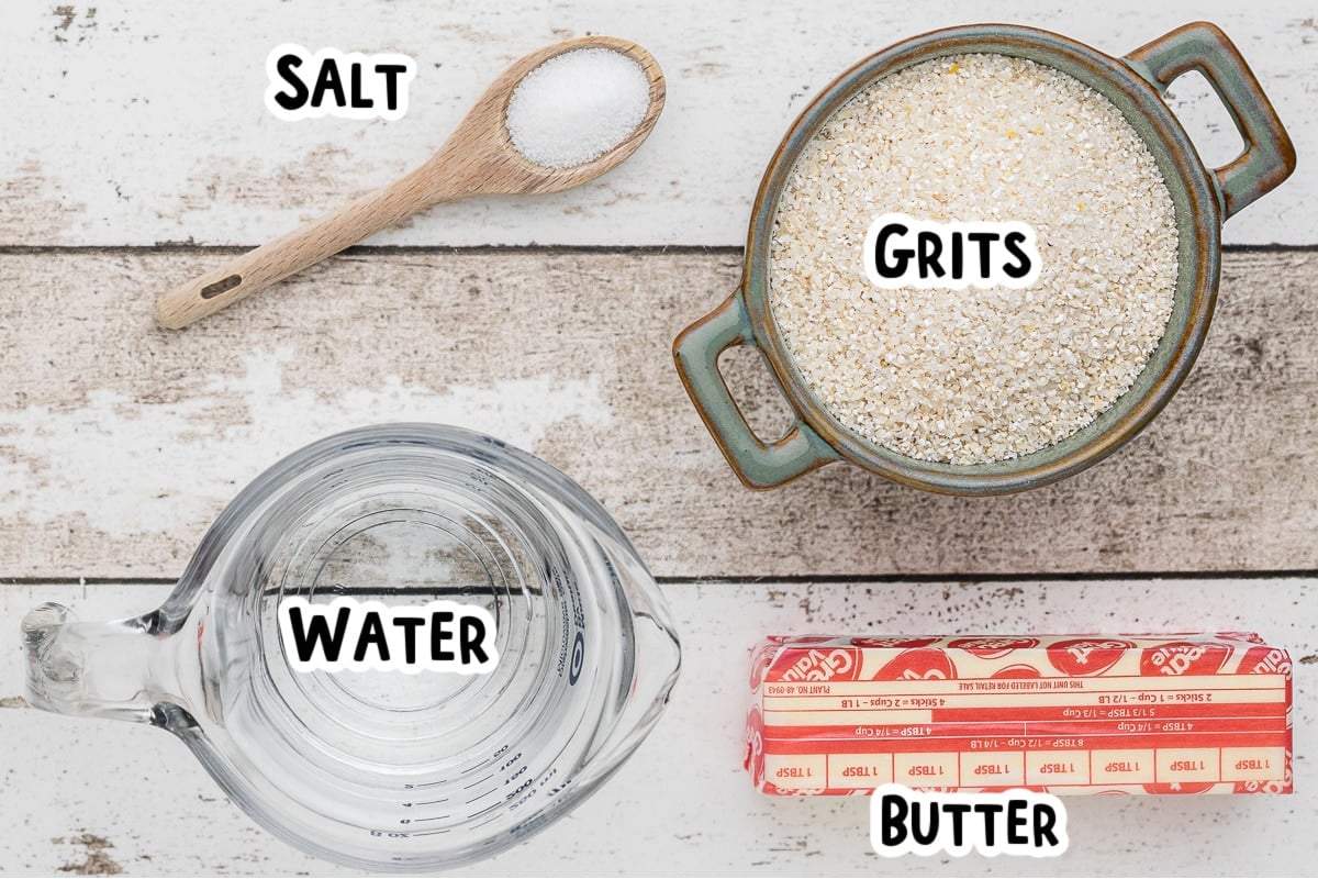 ingredients for grits on table with text labels.