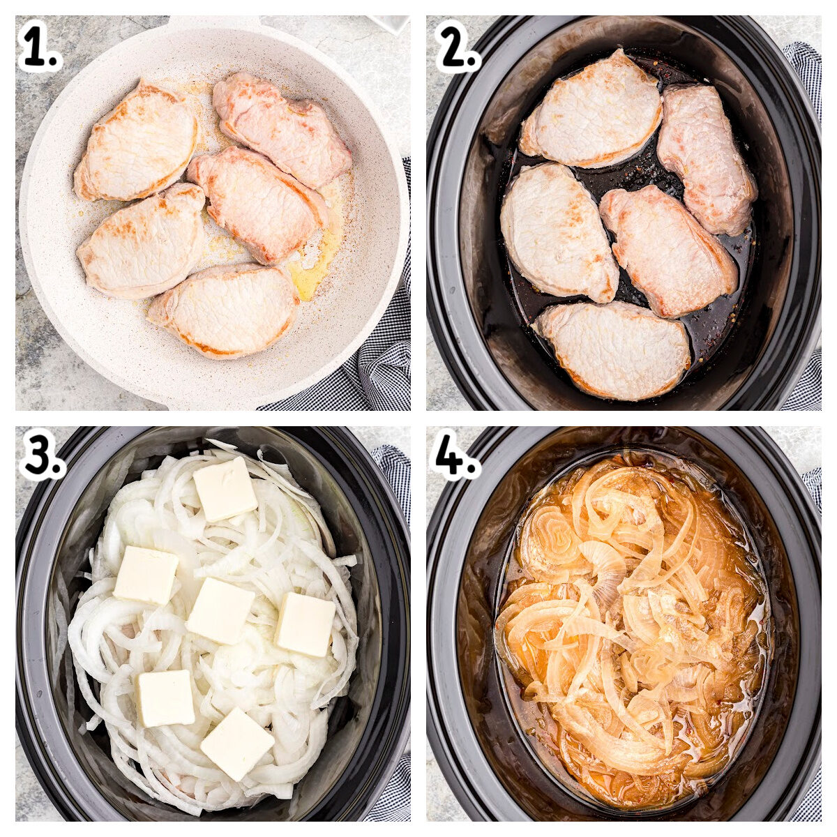 four image collage on how to brown chops and add the to slow cooker with onions.