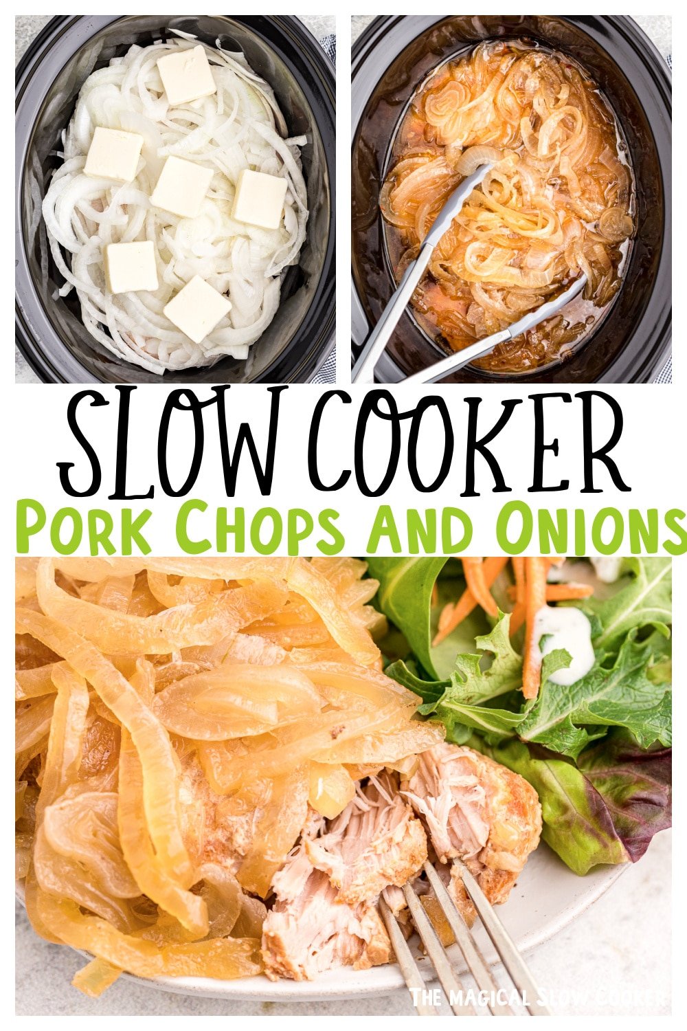 collage of pork chops and onion images with text over lay for pinterest