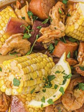 very close up of shrimp boil