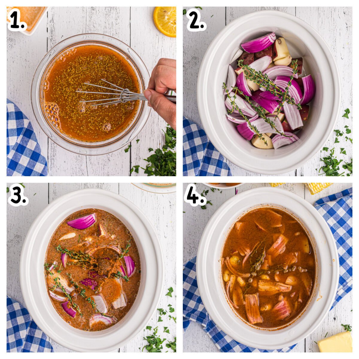 collage on how to make liquid for shrimp boil and adding vegetables to slow cooker.