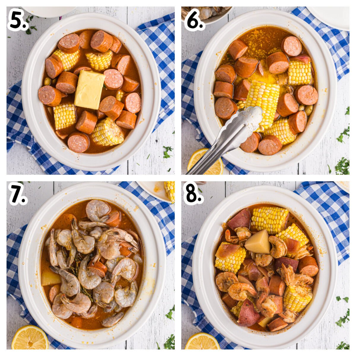collage on how to add corn, sausage and shrimp to slow cooker.