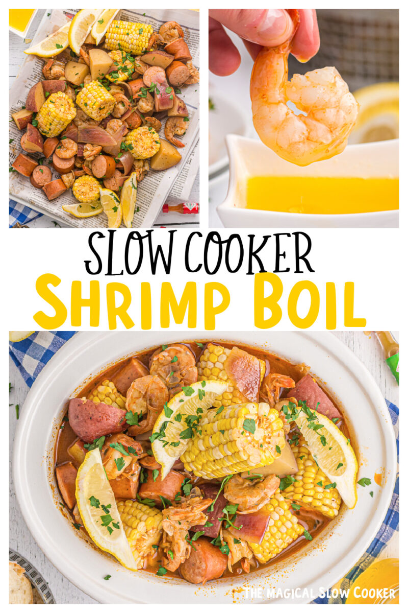Collage of shrimp boil images with text overlay for pinterest.