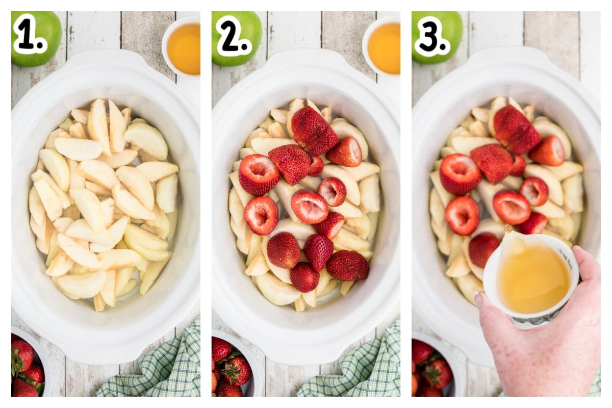 collage on how to add ingredients to slow cooker for strawberry applesauce.