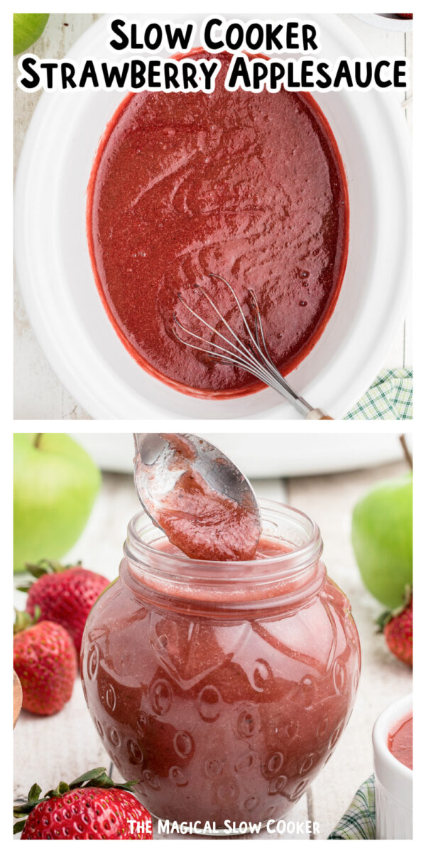 2 images of strawberry applesauce with text.