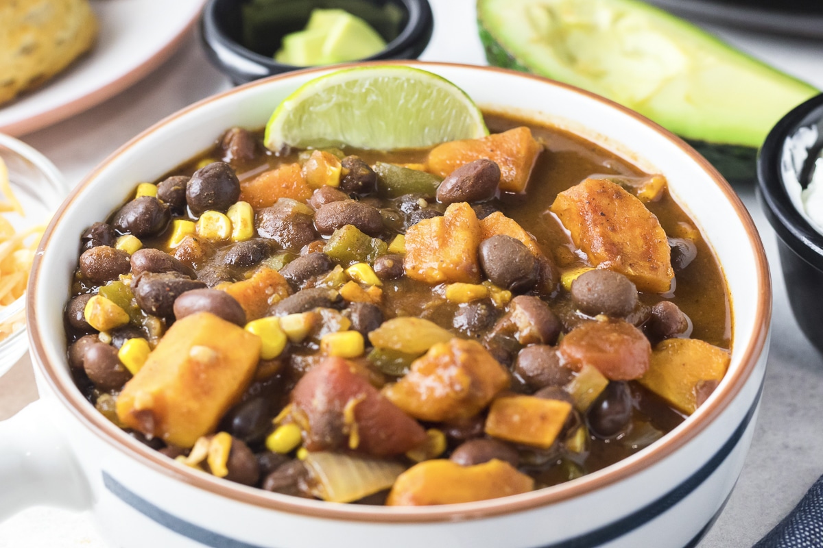 close up of sweet potato black bean chili in bowl.