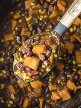 sweet potato black bean chili on spoon