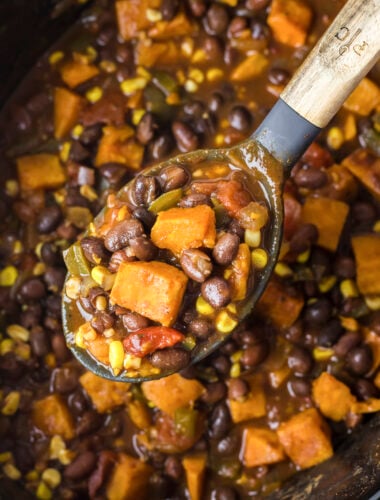 sweet potato black bean chili on spoon