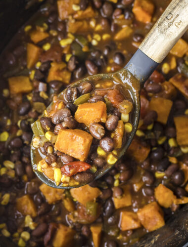 sweet potato black bean chili on spoon