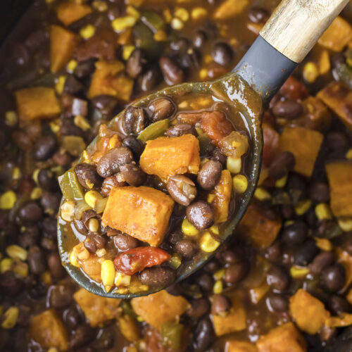 sweet potato black bean chili on spoon