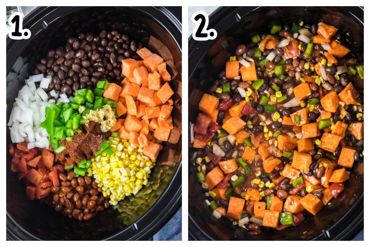 how to add ingredients to slow cooker for black bean chili.