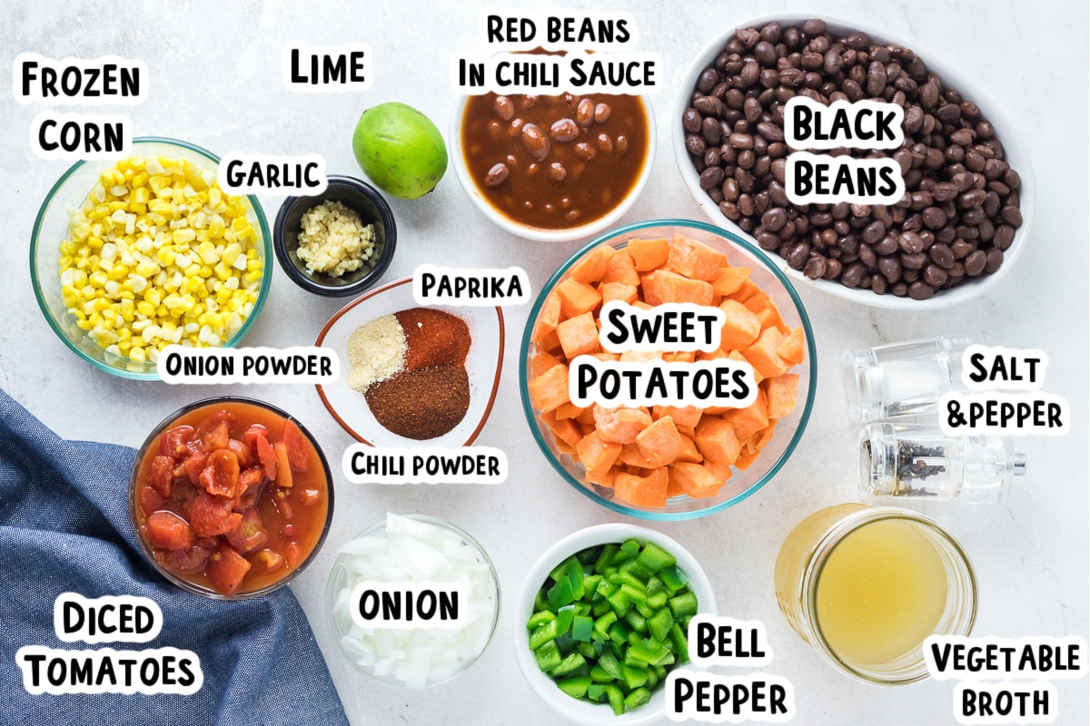 ingredients for sweet potato vegetarian chili on table.