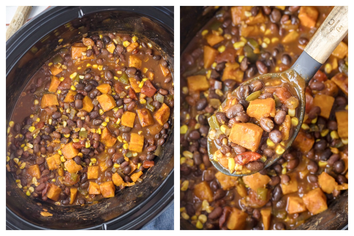 2 images of cooked sweet potato chili.