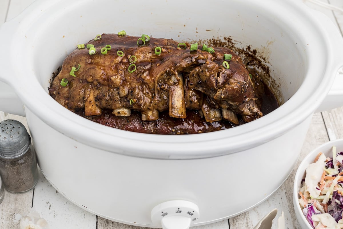 side view of teriyaki ribs in slow cooker.