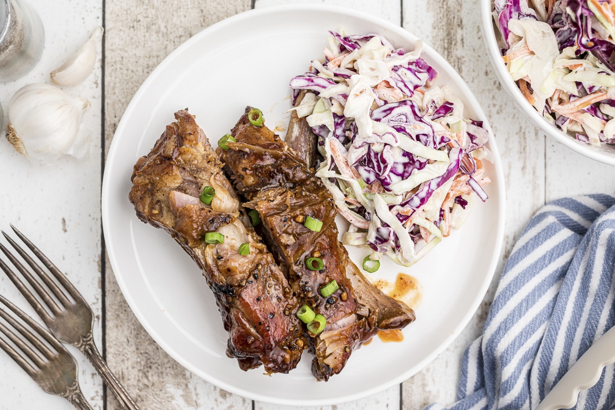 2 ribs pieces on plate with coleslaw.