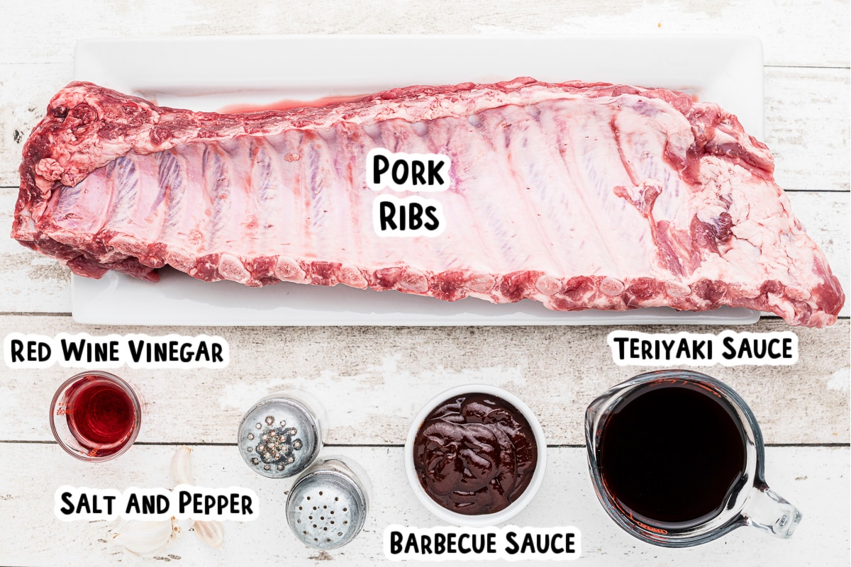 ingredients for teriyaki ribs on table.