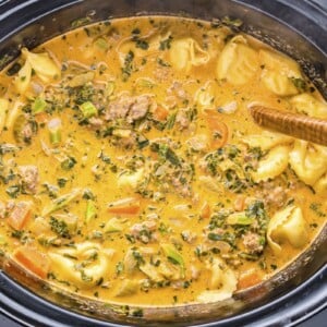 close up of tortellini soup in slow cooker