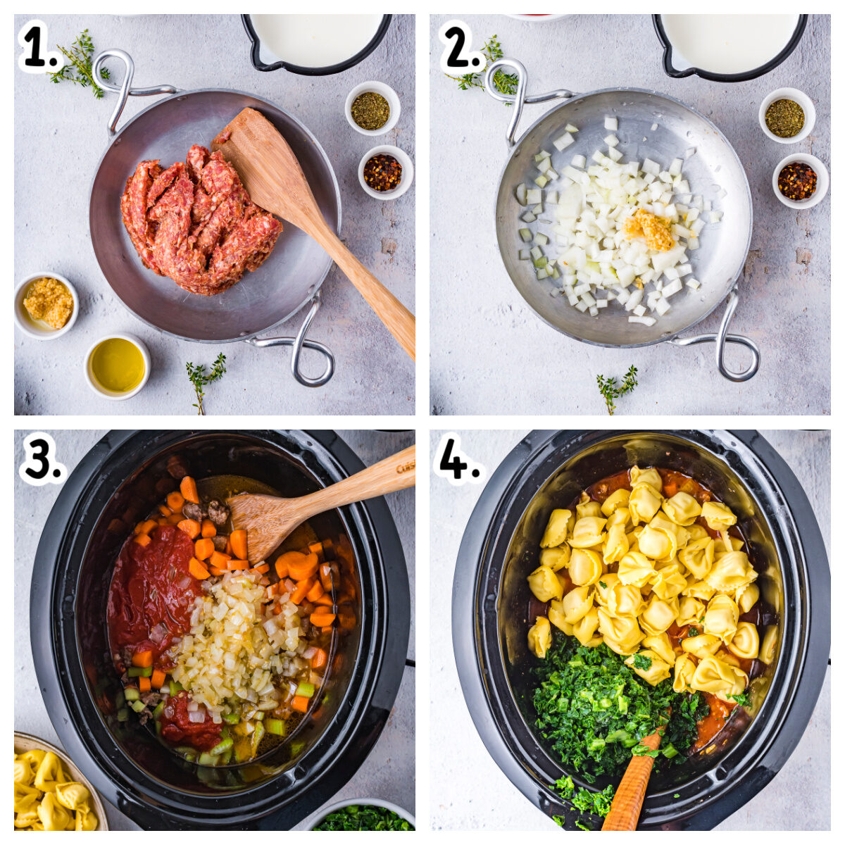 4 image collage. how to brown sausage and onion. how to add other ingredients into slow cooker for tortellini soup