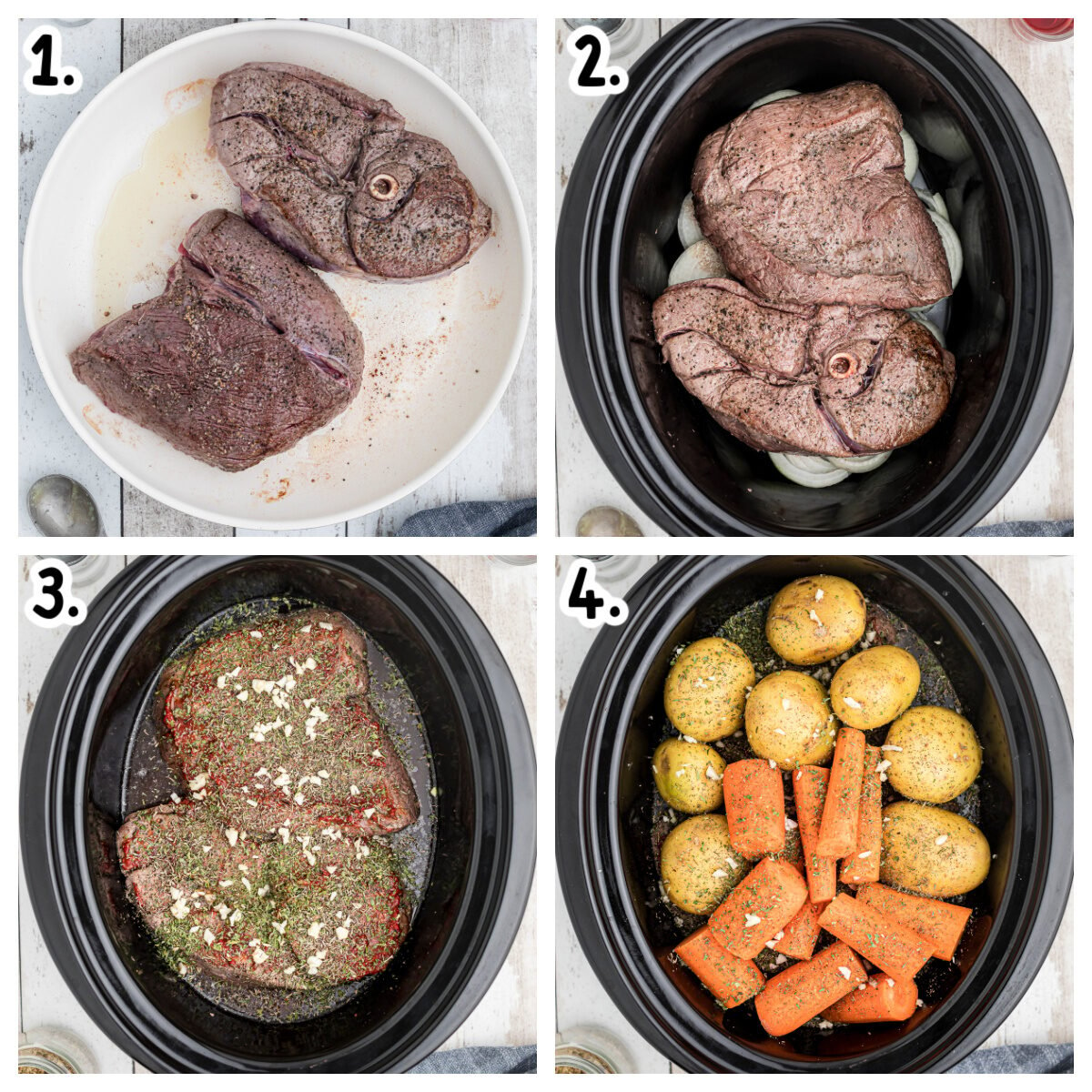 collage of how to brown venison, and add other ingredients to slow cooker.