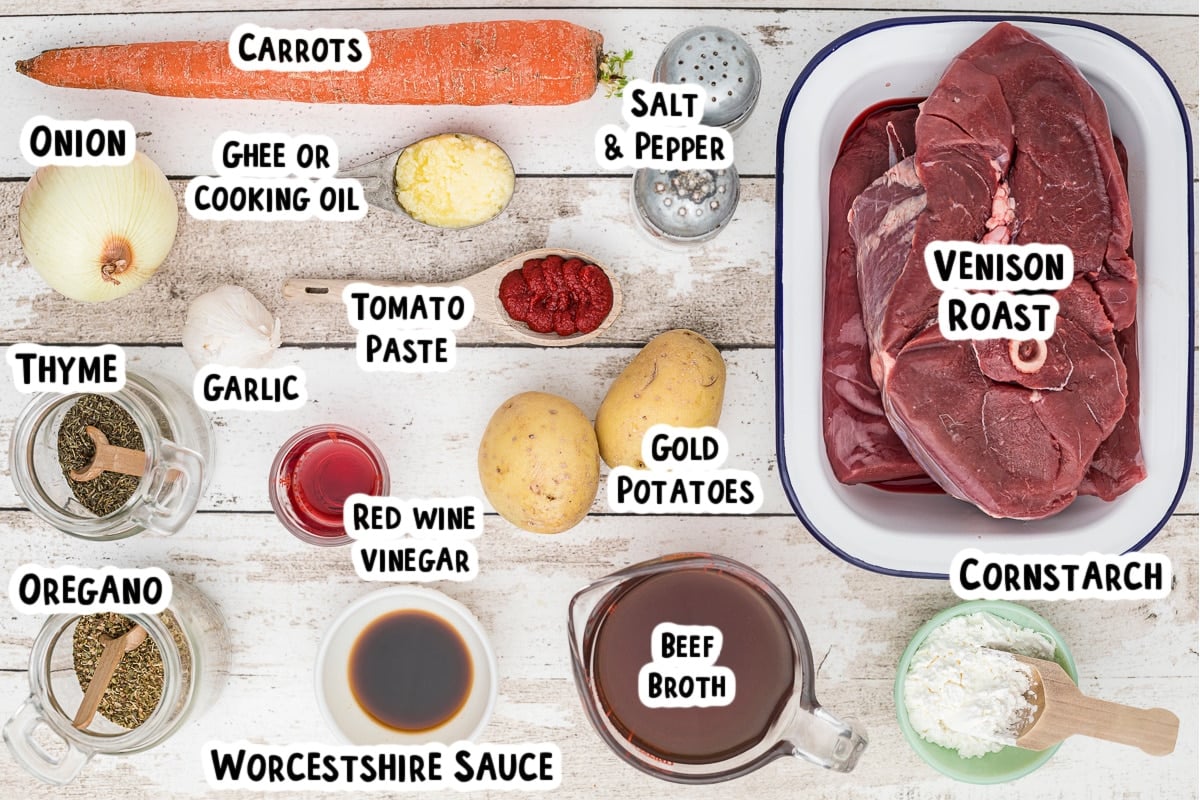 ingredients for venison roast on a table with text overlay.