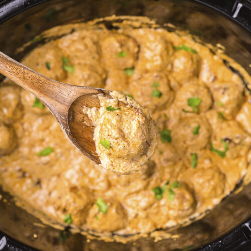 chipotle meatball on a wooden spoon.