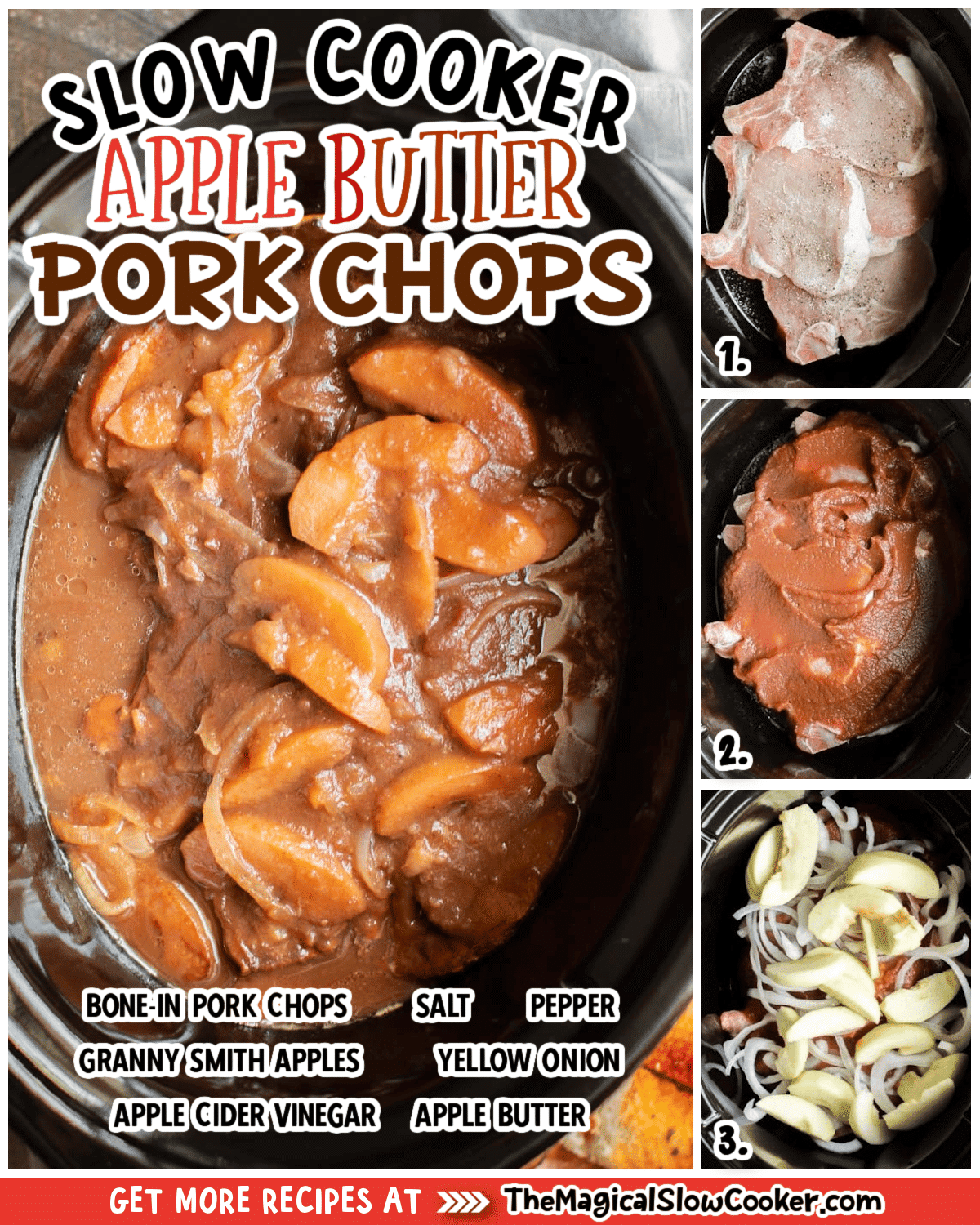 Collage of apple butter pork chop images with text of what ingredients are.