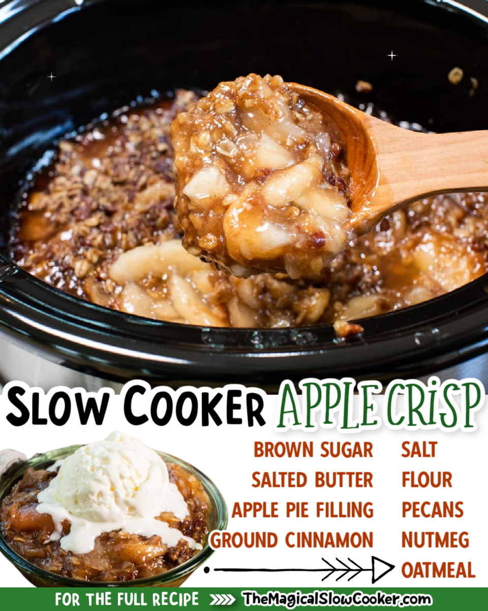 Collage of apple crisp photos with text of what ingredients.