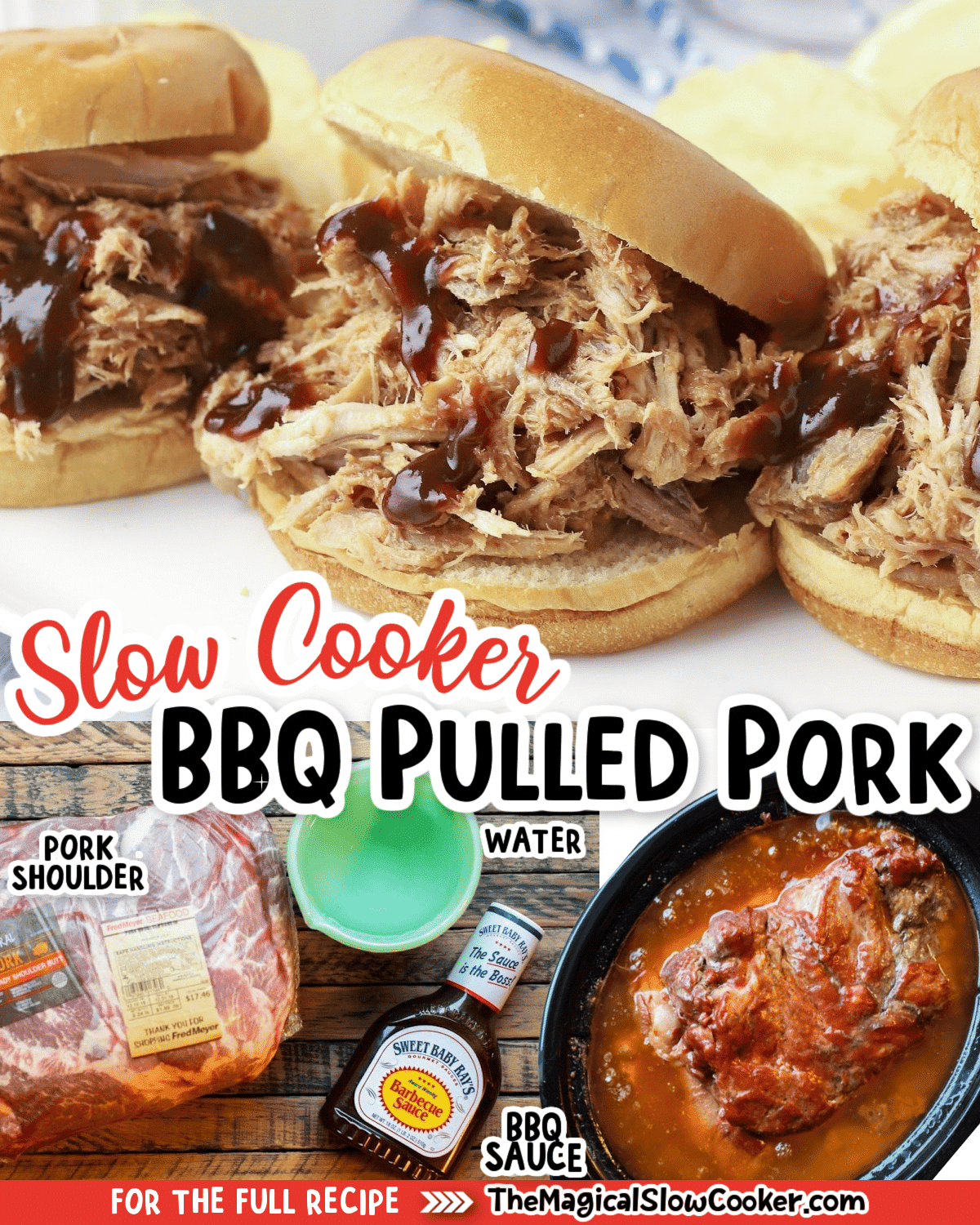 Collage of bbq pork images with text of what ingredients are.