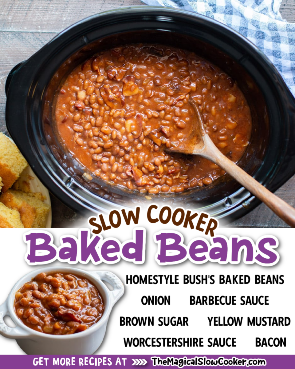 Collage of baked bean images with text of what ingredients are.
