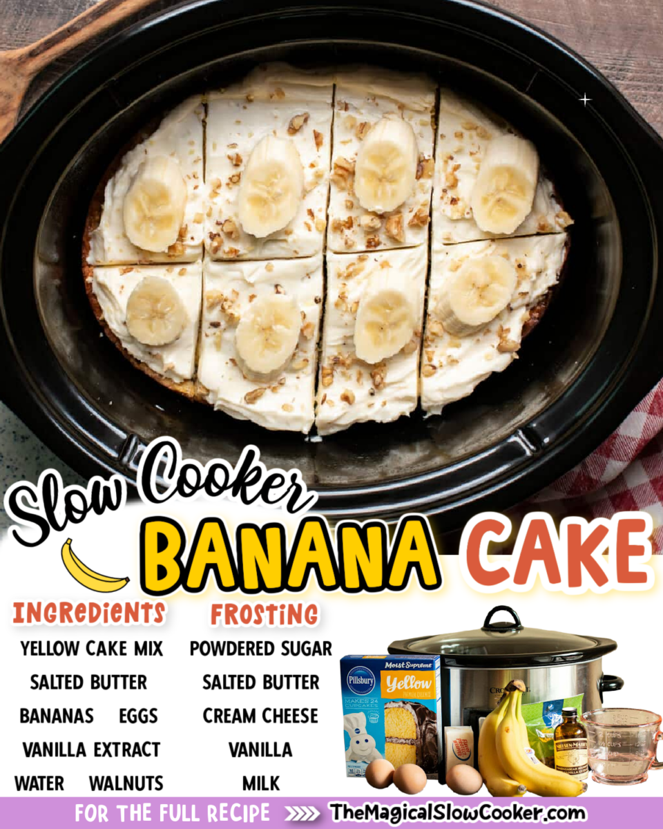 Collage of banana cake images with text of what ingredients are needed.