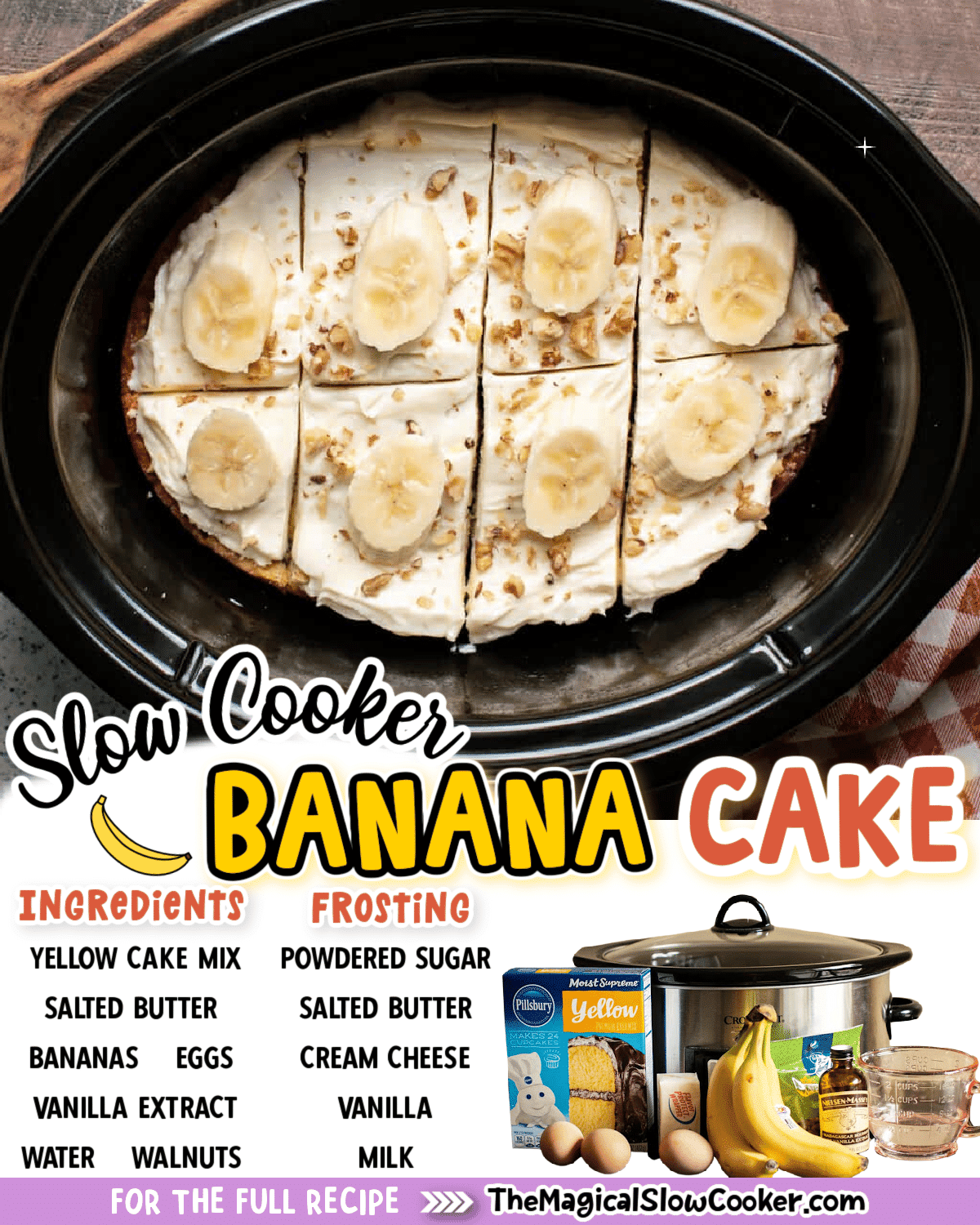 Collage of banana cake images with text of what ingredients are needed.