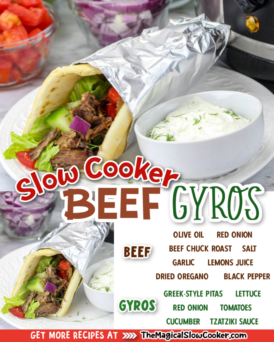 Collage of beef gyro images with text of what ingredients are needed.
