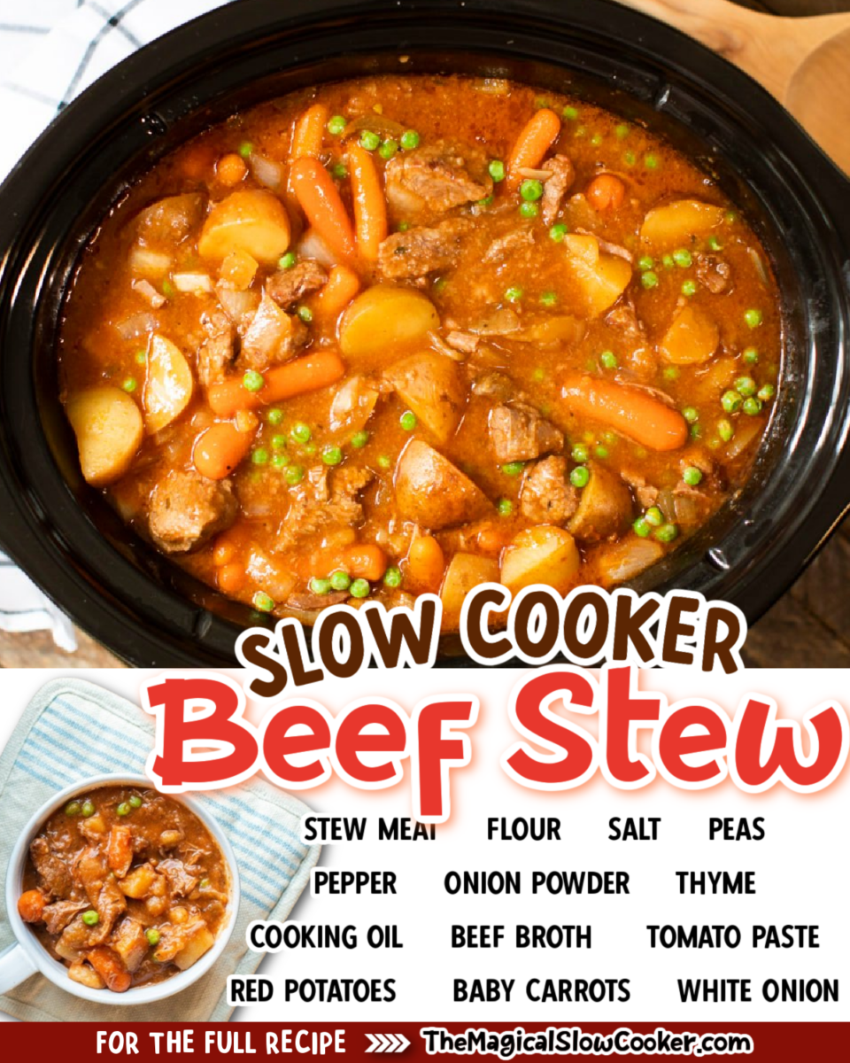Collage of beef stew images with text of what ingredients are.