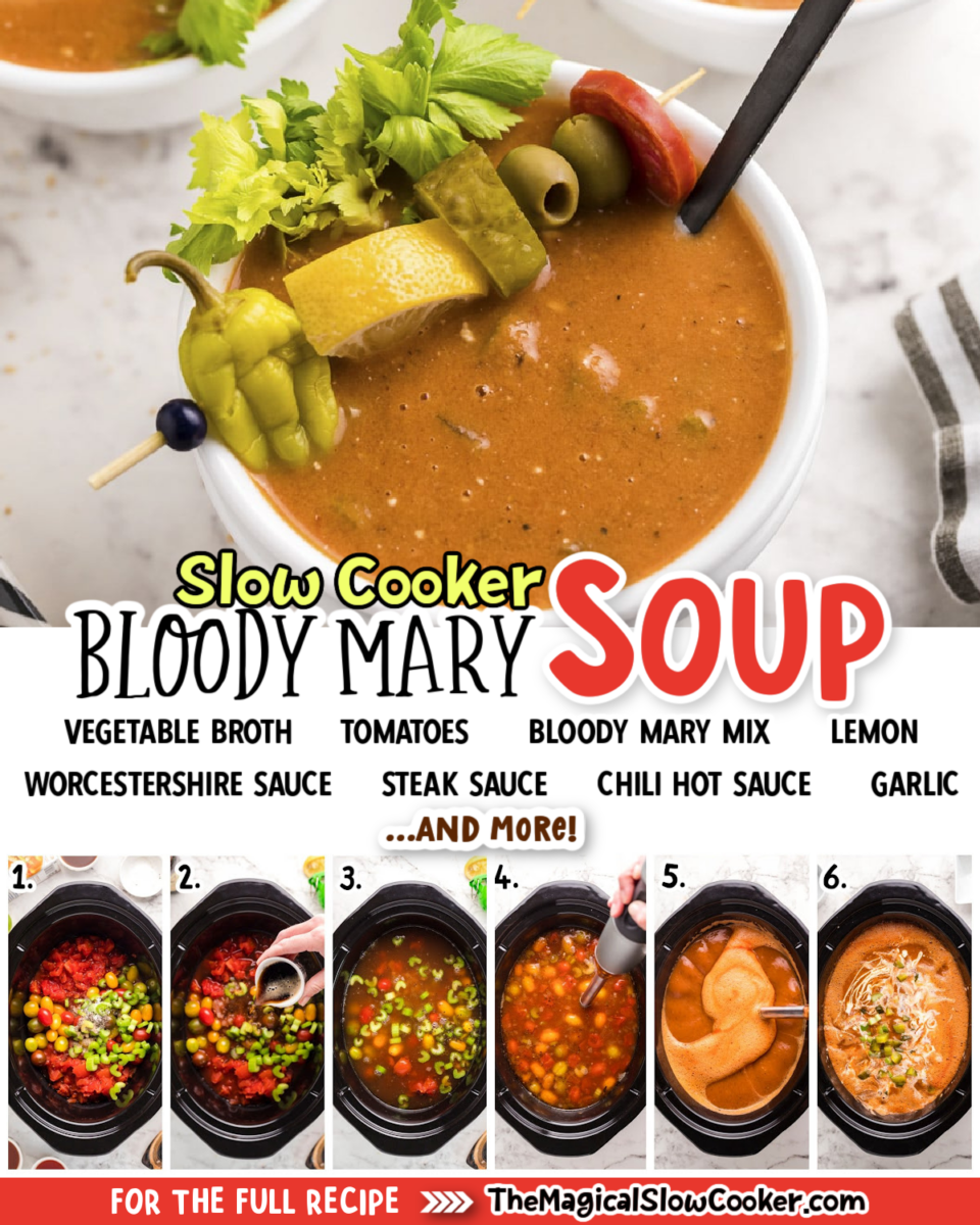 Collage of bloody mary soup images with text of what ingredients are.