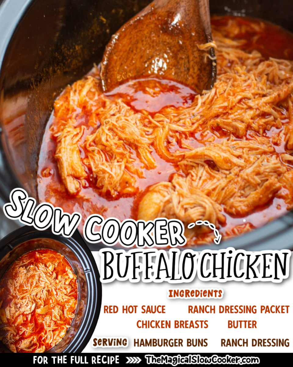 Collage of buffalo chicken with text of what ingredients are needed.