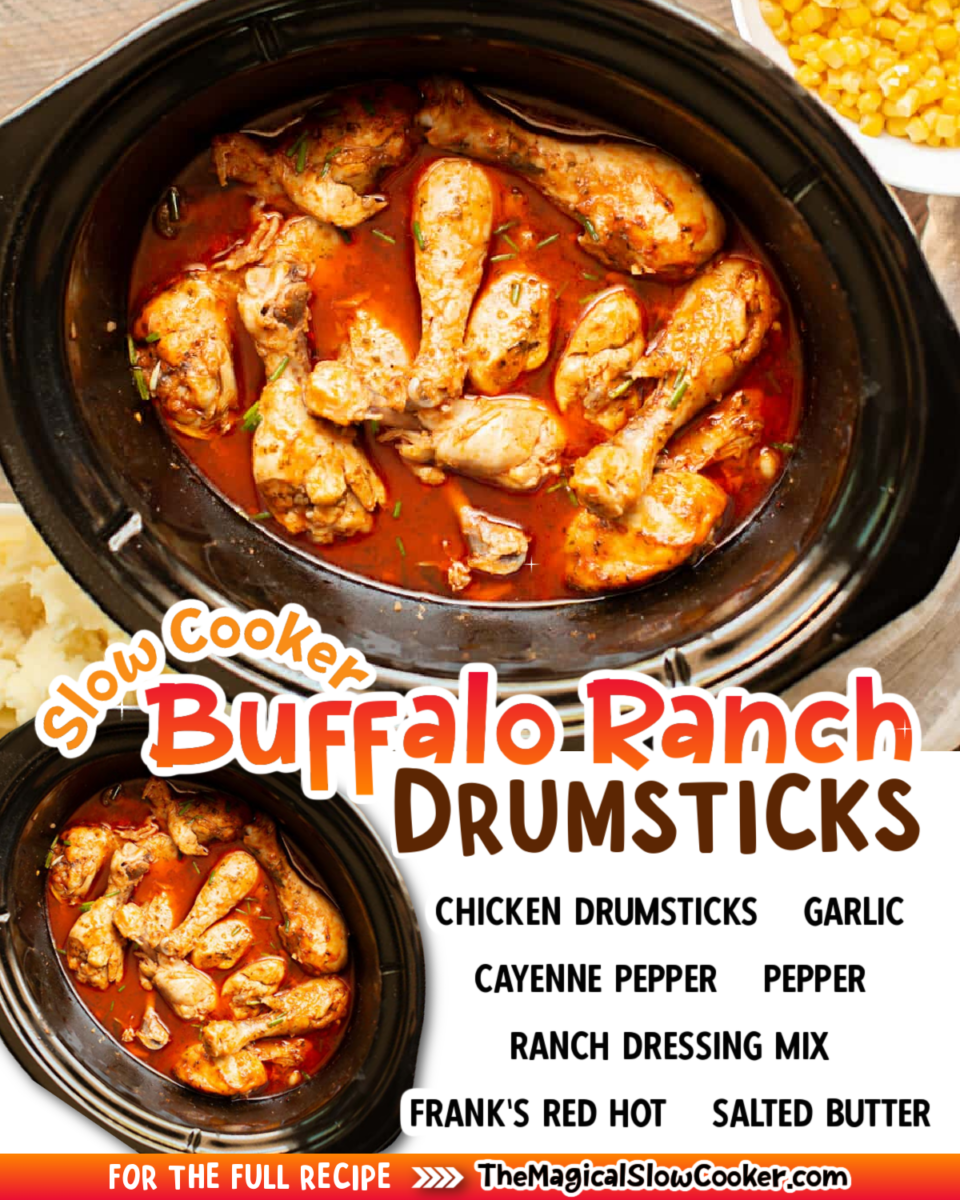Collage of buffalo ranch drumstick images with text of what ingredients are needed.