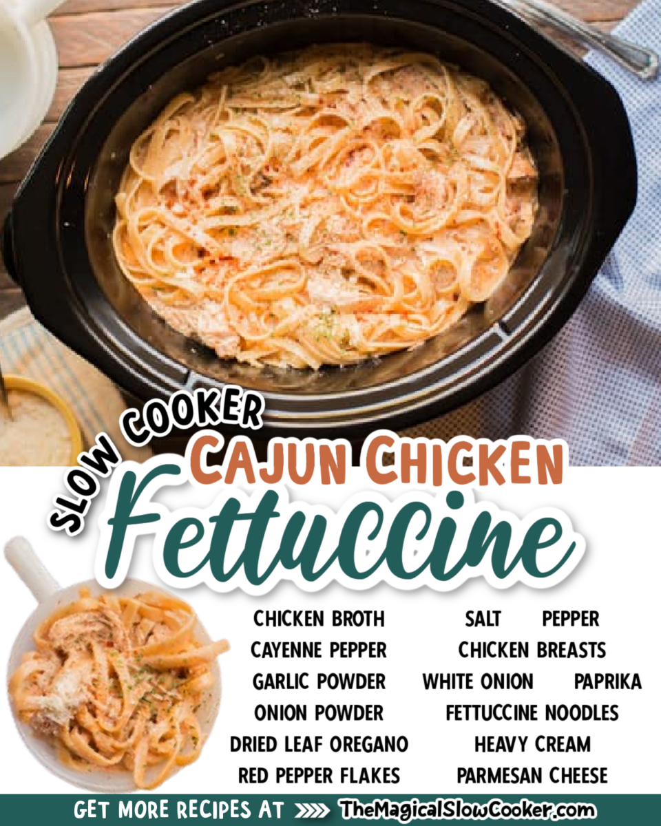 Collage of cajun fettucine images with text of what ingredients are.