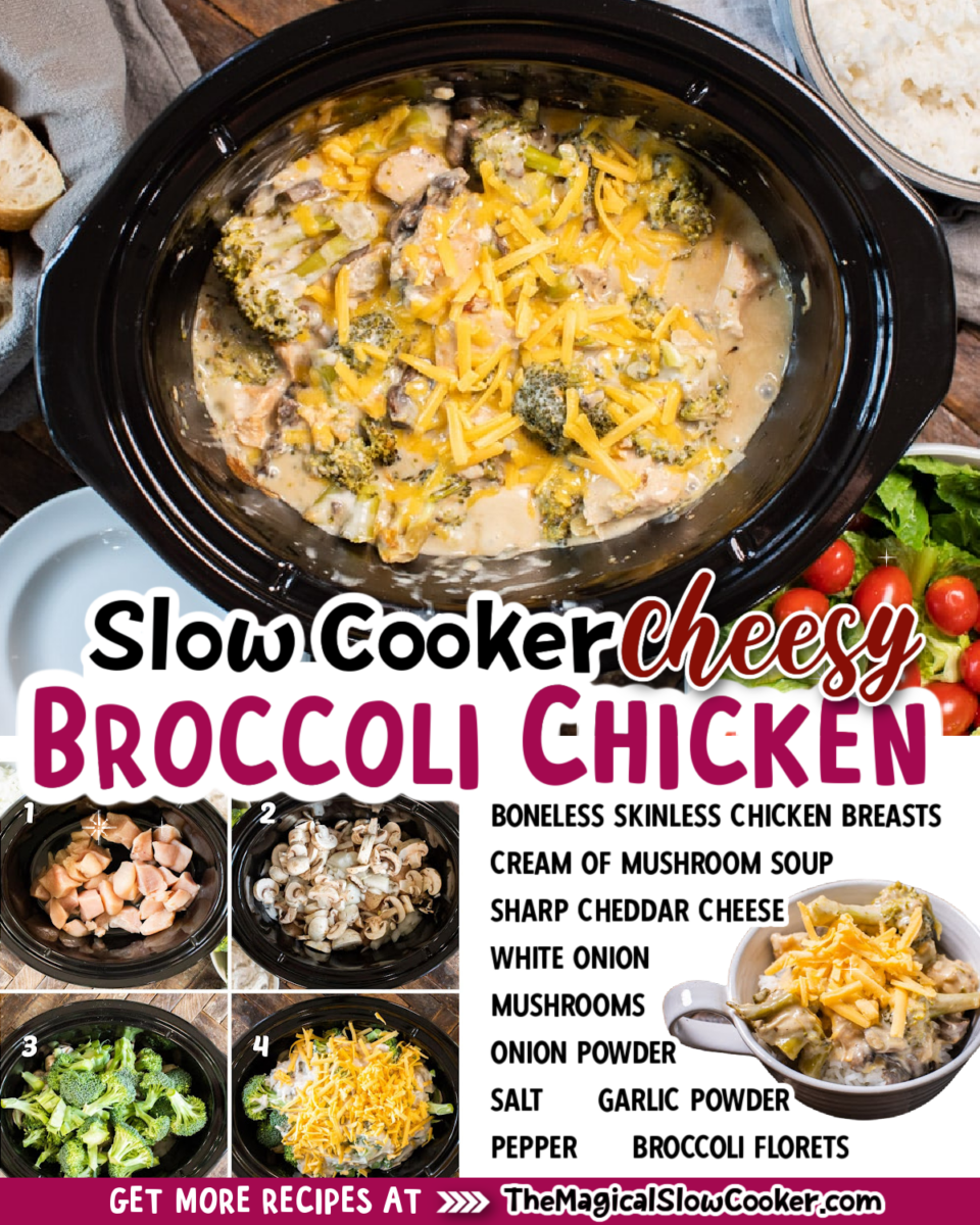 Collage of cheesy broccoli chicken images with text of what ingredients are.