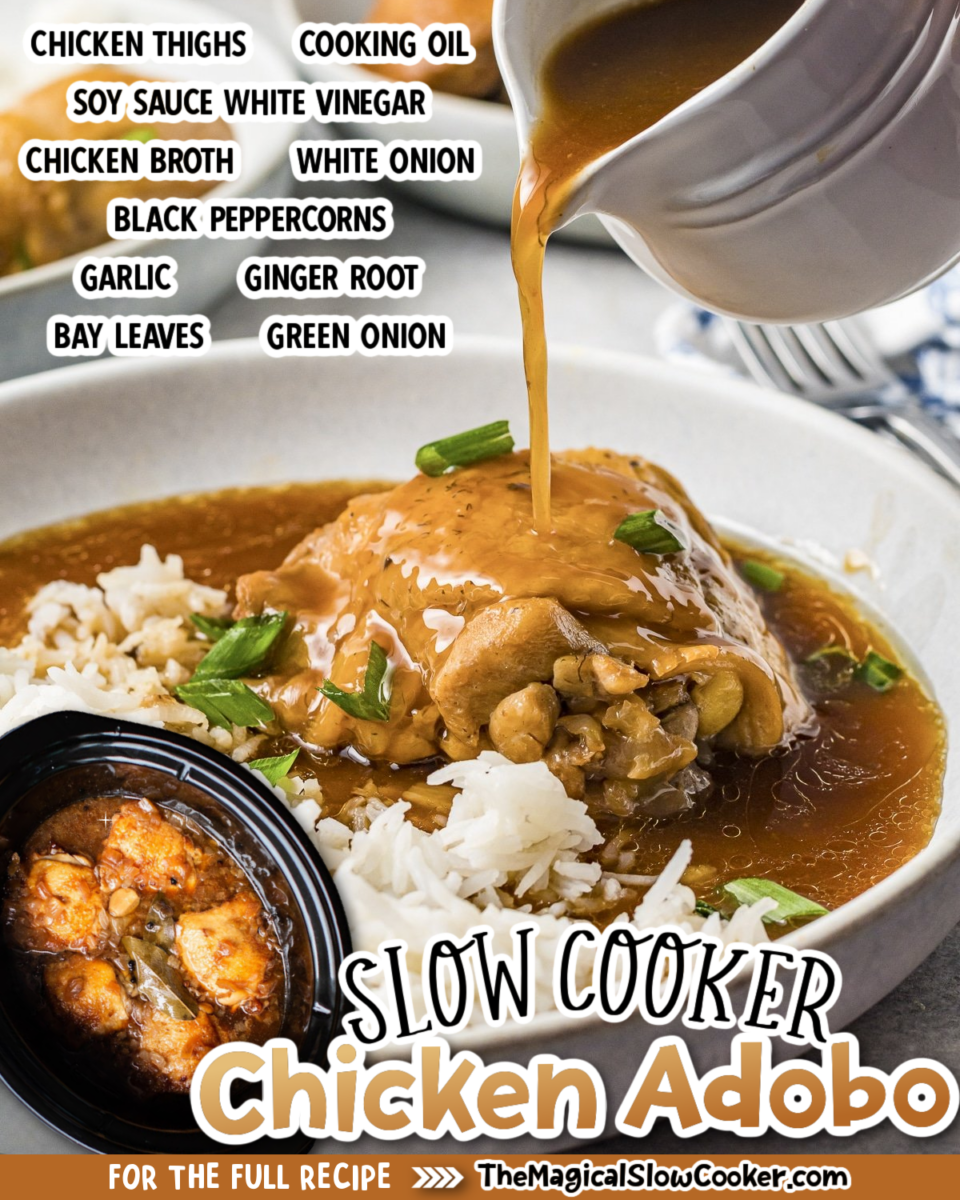 Collage of adobo chicken images with text of what ingredients are needed.