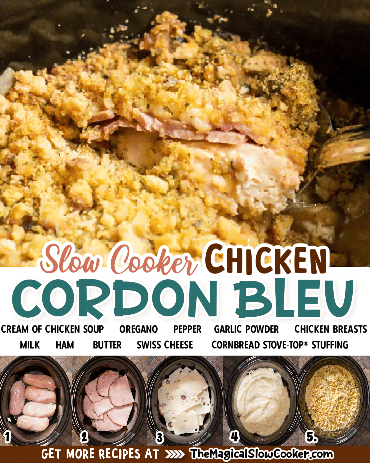 Collage of chicken cordon bleu images with text of what ingredients are.