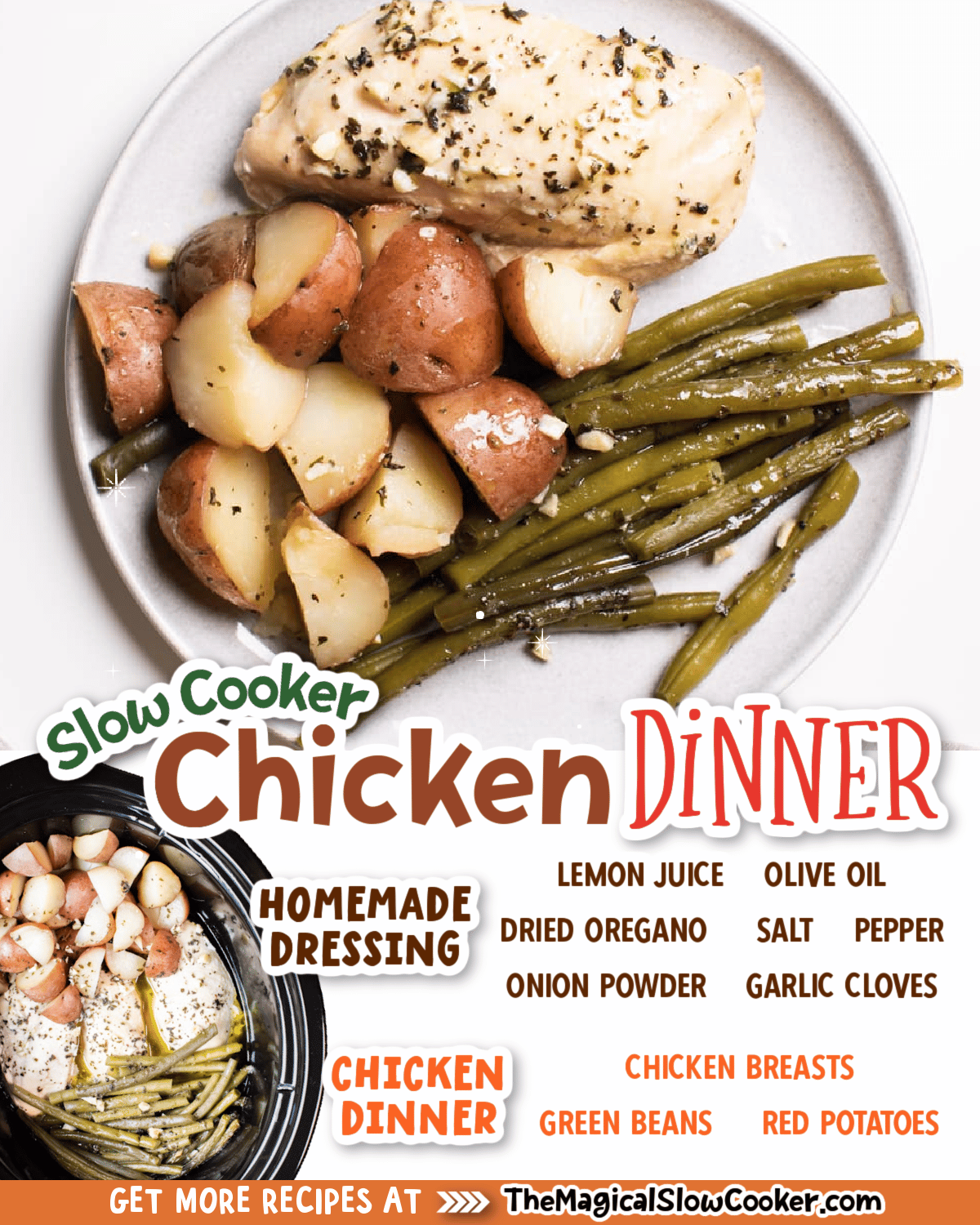 Collage of chicken dinner images with text of what ingredients are needed.