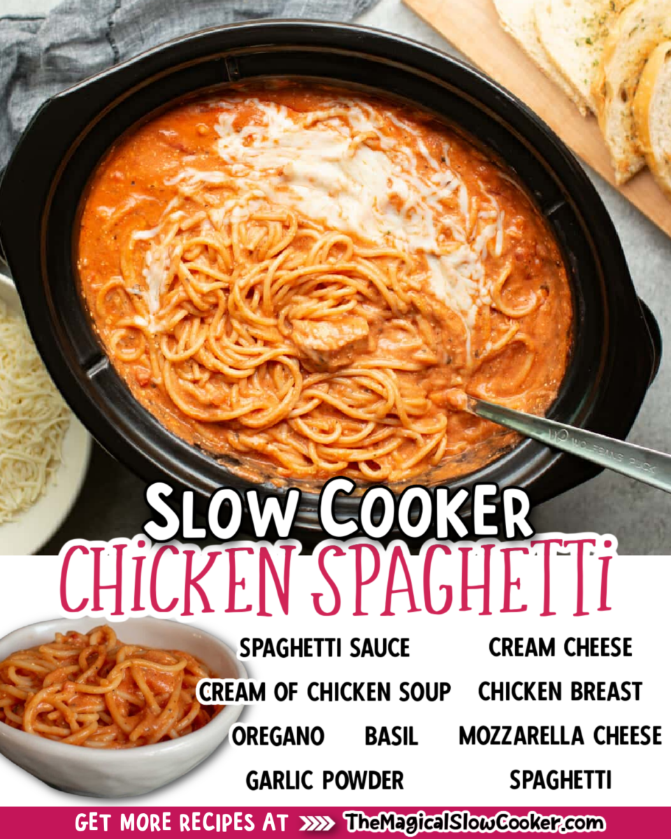 Collage of chicken spaghetti images with text of what ingredients are.
