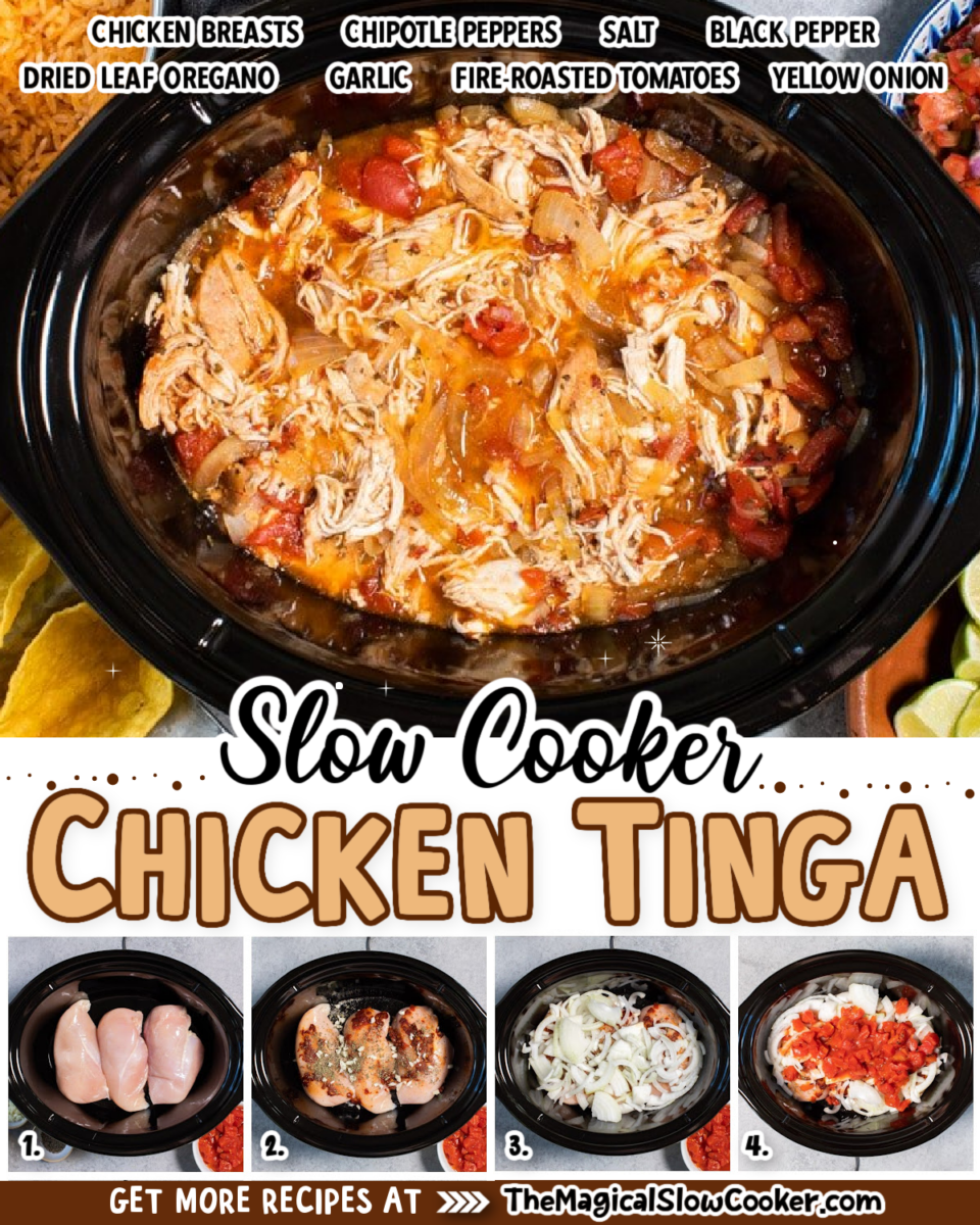 Collage of chicken tinga images with text of what ingredients are needed.