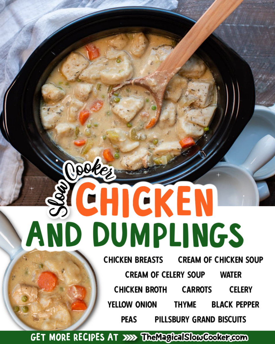Collage of chicken and dumplings images with text of what ingredients are.