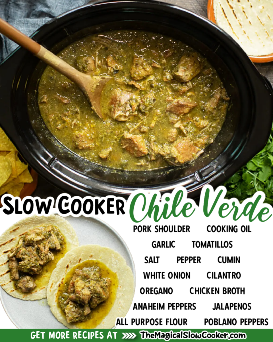 Collage of chile verde images with text of what ingredients are.