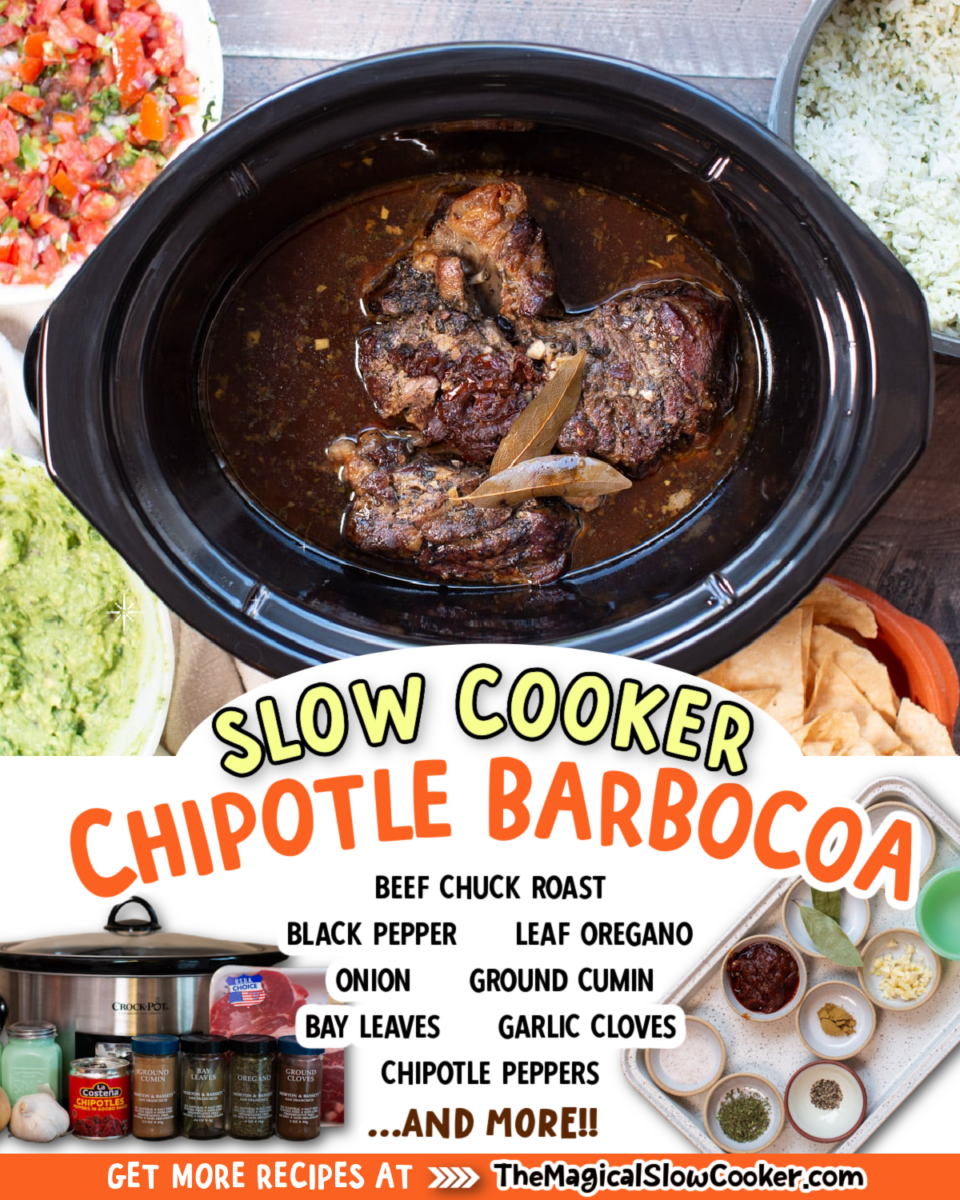 Collage of chipotle barbacoa images with text of what ingredients are needed.