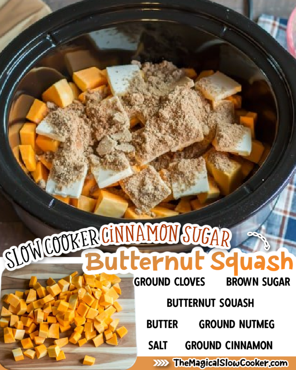 Collage of butternut squash images with text of what ingredients are.