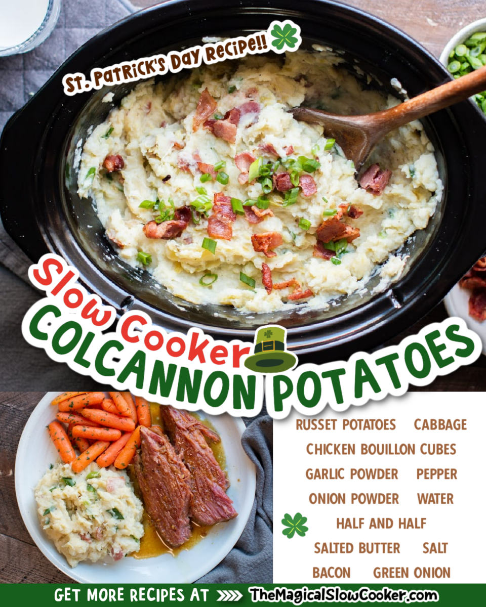 Collage of colcannon potato images with text of what ingredients are.